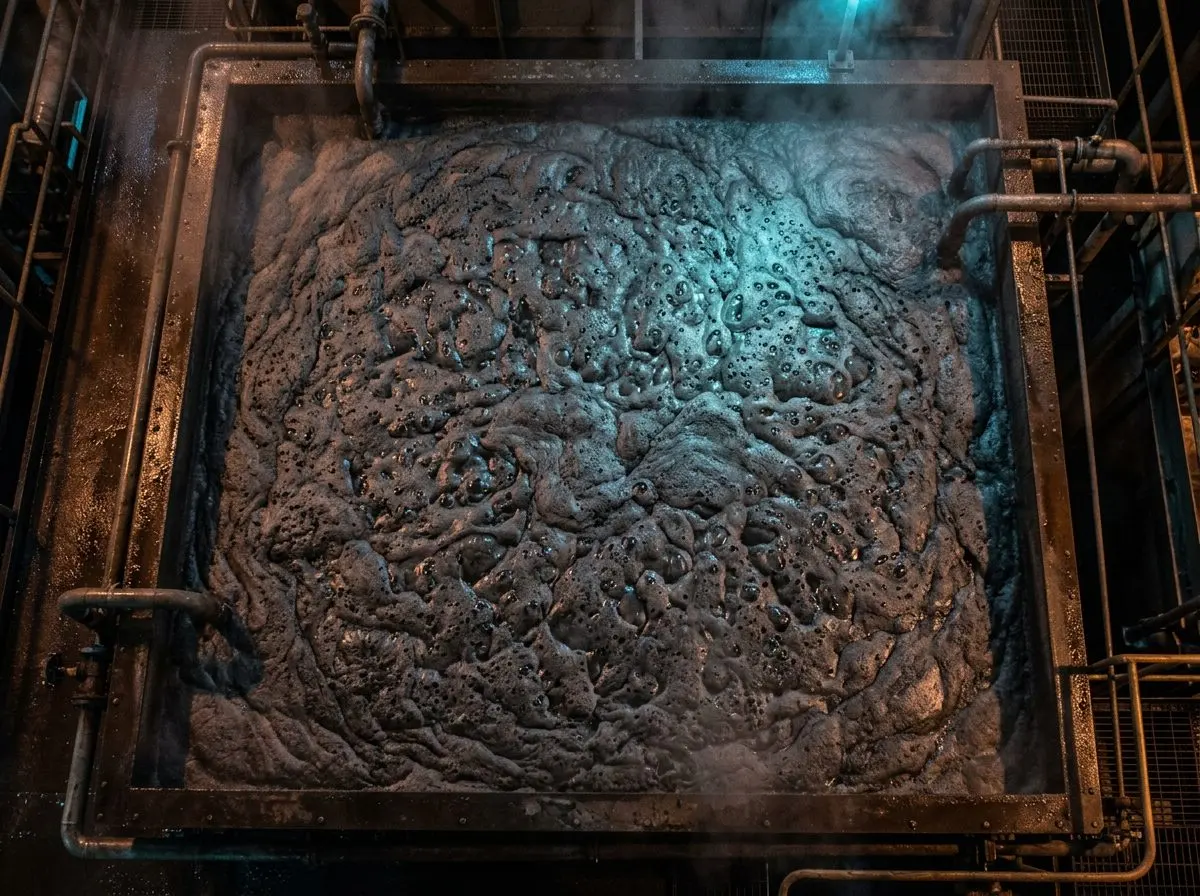 Overhead frame of froth on a flotation launder, with a measurement overlay traced on top.