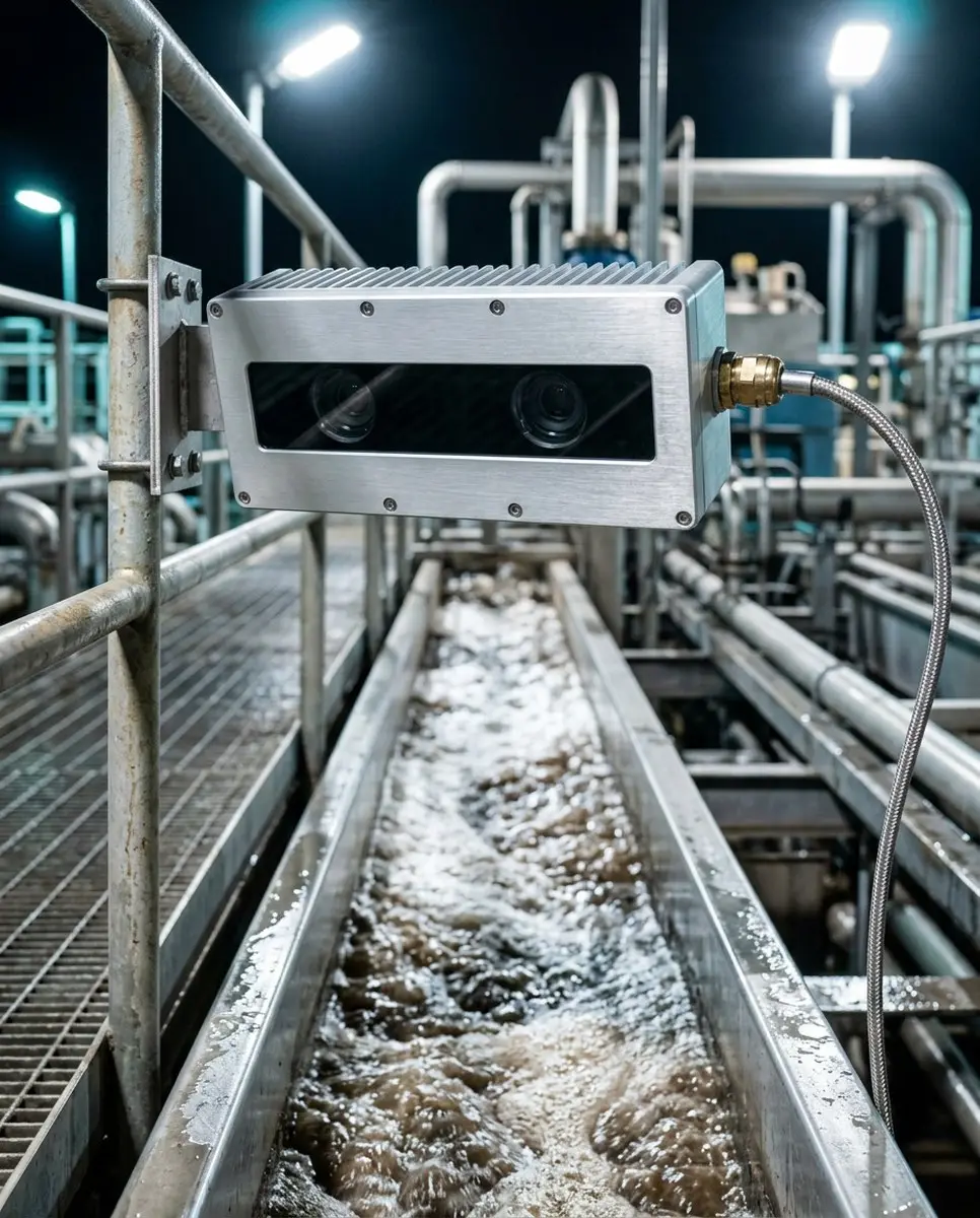 A stainless machine-vision camera on a bracket above a flotation launder.