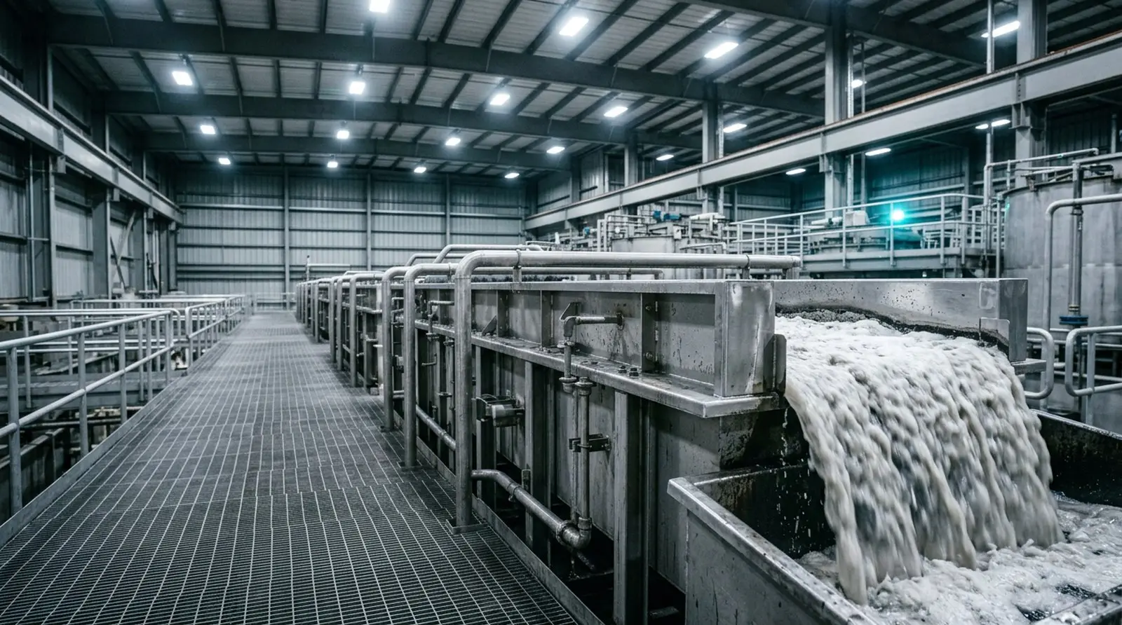 A bank of flotation cells inside a mill at night, froth spilling over the launder lips under white working floodlights.