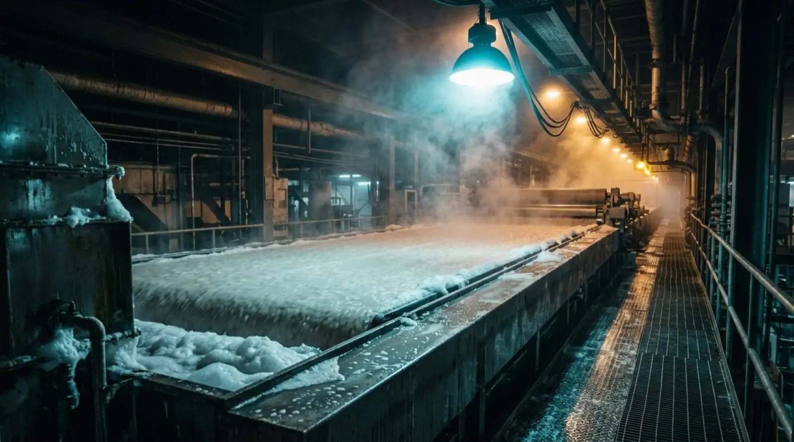 The wet end of a paper machine at night with foam along the wire.
